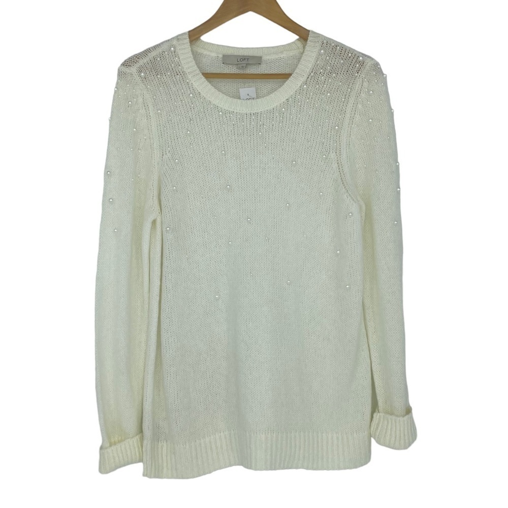 NWT LOFT cream pearl beaded embellished crew neck soft sweater wms sz Lg